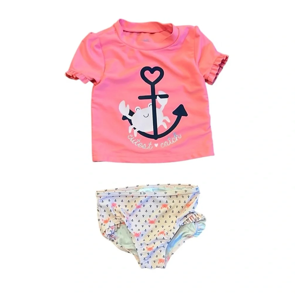 Two Piece Rashguard Bathing Suit, Pink Crab/Anchors